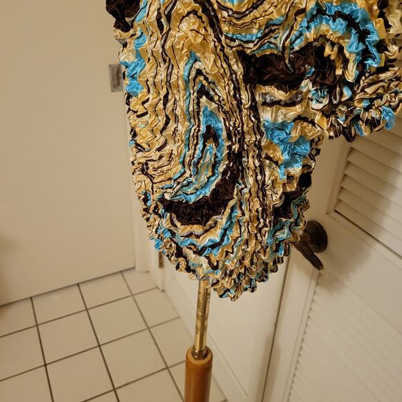 Y2K Crinkle Stretch Top Acrylic Paint Swirl Brown Blue Beige One Size Fits All - Picture 3 of 6